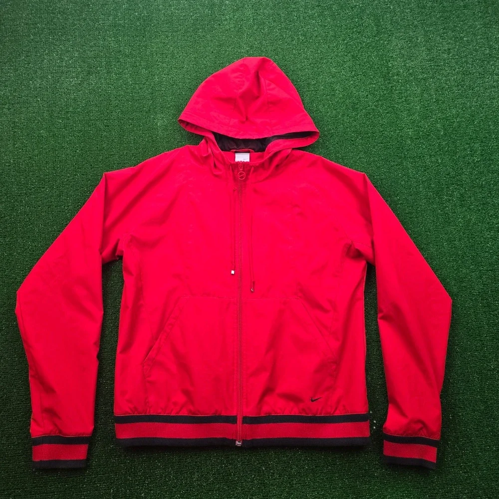 Nike Jacket Youth XL Mens Small Red Y2K Full Zip Hooded Athletic Training Casual